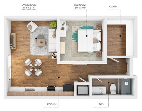 Floor plan for 1 bed, 1 bath, 593 sqft